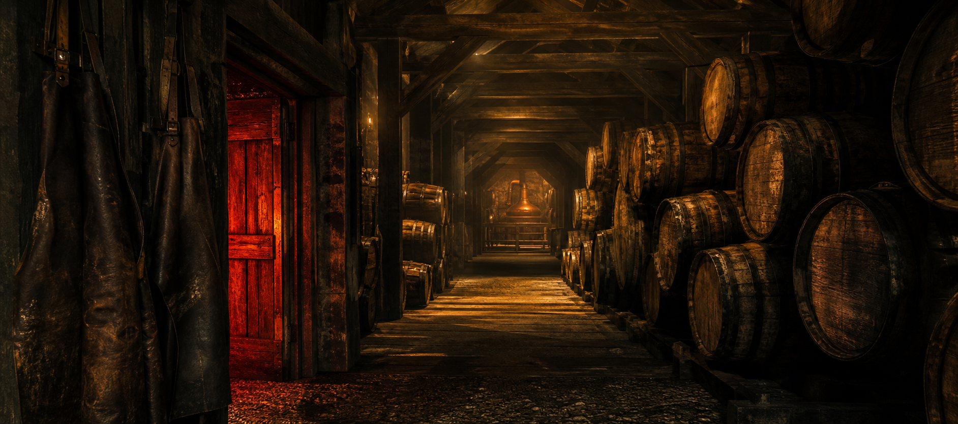 A dark rum barrel warehouse aisle with red light and rows of oak casks