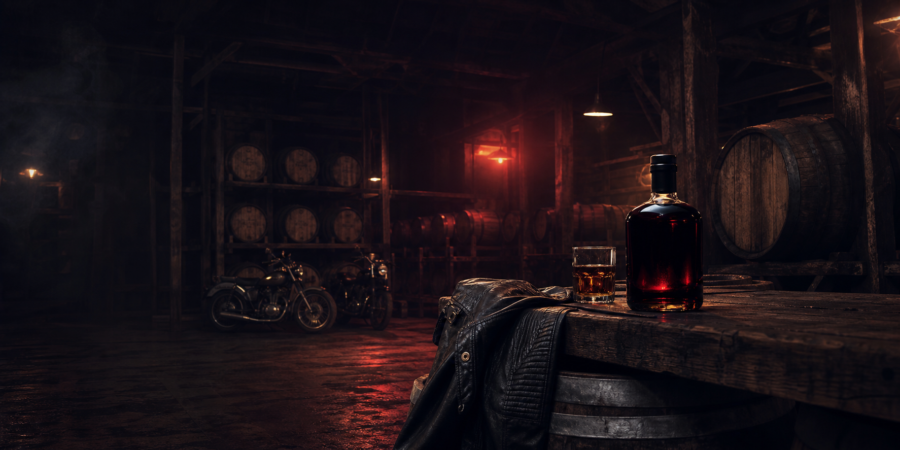 Vintage motorcycles, leather, barrels, and a dark rum bottle in a warehouse
