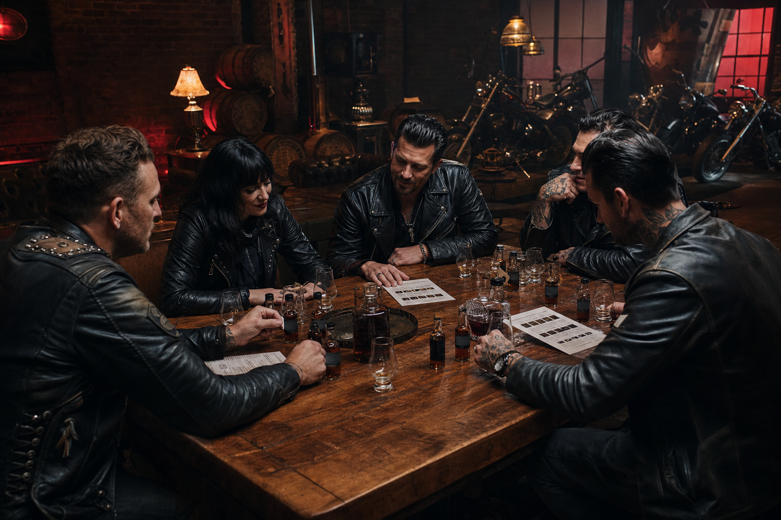 Adults seated around a private tasting table with bottles and cards in a dark barrel lounge